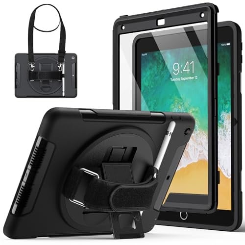 JETech Hülle für iPad 9,7 Zoll (6./5. Generation, 2018/2017) mit Eingebaut Schutzfolie, Stoßfest Robust Tablet Abdeckung Schutzhülle, 360 Grad Drehbarer Handschlaufe Ständer (Schwarz)