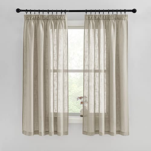 PONY DANCE Vorhänge Kurz Halbtransparente Gardinen mit Kräuselband Vorhang Taupe Gardinen Leinenoptik Landhausstil Gardinen für Schienensystem, 2er Set H 160 x B 140 cm