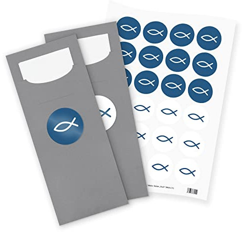 itenga 24x Bestecktaschen GRAU Fisch blau weiß Pochetten inkl. Serviette und Sticker Aufkleber Tischdeko Einweggeschirr passend für Kommunion Konfirmation