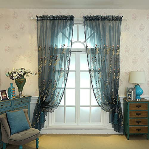 Lsimeru 2er Set Vorhang Transparent Stickerei Vintage Barock Blau Voile Gardinen Durchsichtig Blumenmuster Fensterschal Vorhänge mit Stangendurchzug,140x225