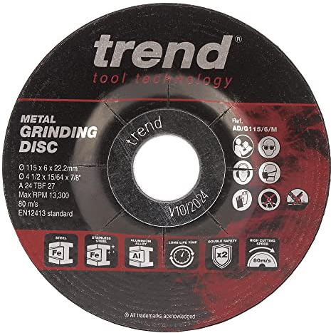 Trend Aluminium Oxide 115mm 24 Grit Metal Grinding Disc, 1mm Kerf, AD/G115/6/M, Pack of 10