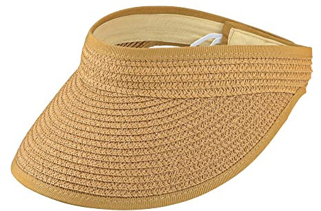 KorhLeoh Gorra de paja para mujer, visera ancha, protección UV, sombrero de playa, plegable, plegable, caqui, Talla única