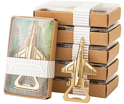 50 Packungen Flugzeug-Flaschenöffner für Piloten/Veteranen, Abenteuer, Reisen, Babyparty, Hochzeit, Geburtstag, Party, Geschenke, Dekorationen, Souvenirs für Gäste mit individuellem Paket (Gold)