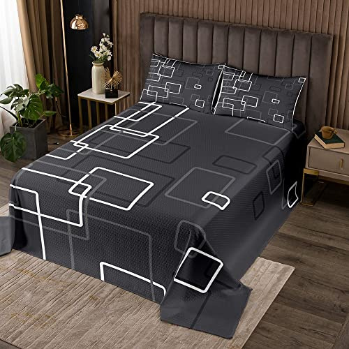 Homewish Schwarz Grau Weiß Geometrie Ombre Streifen Tagesdecke 220x240cm | Steppdecken Set Geometrisches Quadratisches Tagesdecken Set für Kinder Jungen Mädchen Moderne Bettdecke Im Einfachen Stil