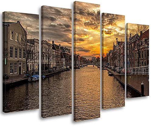 Feeby Leinwandbild 5-teilig 200x100 cm Niederlande Amsterdam Sonnenuntergang Bild Wanddeko Wand Bild Kunstdruck Deko Wohnzimmer Gebäude Boote Kanal Wasser Orange