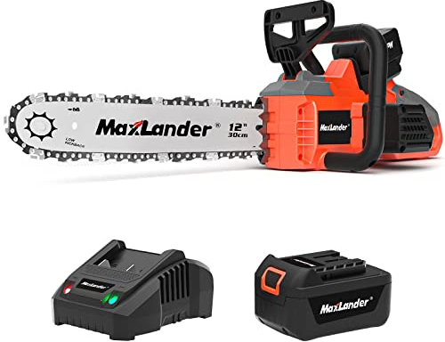 MAXLANDER Kit di sega a catena a batteria senza fili per motosega da 12 pollici con batteria e caricabatterie da 4,0 Ah, funzione freno di sicurezza