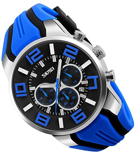 SKMEI Montre pour homme avec bracelet en silicone - Étanche - Style sportif - Style décontracté - Grand cadran - Chronographe de luxe - Analogique - Quartz - Noir - Cadeaux, G9128 bleu, Tendance