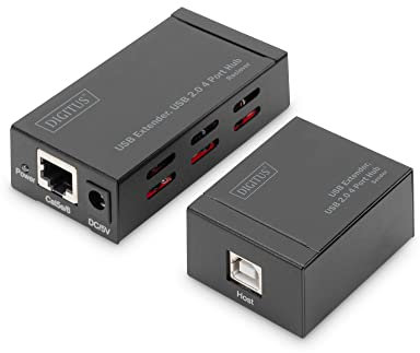 DIGITUS 4 Ports USB Netzwerk Hub & Extender - USB 2.0-50m Reichweite - CAT 5/5e/6 Netzwerkkabel - Sender & Empfänger - Plug & Play - schwarz