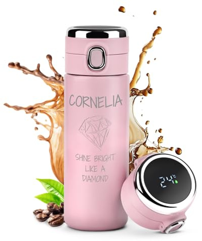 Maverton Thermobecher Kaffeebecher mit Gravur 400 ml, Trinkflasche Rosa | Edelstahl, mit LED-Temperaturanzeige, auslaufsicher 100% dicht, für Frauen zum Geburtstag, Weihnachtsgeschenke, rosa, Diamond