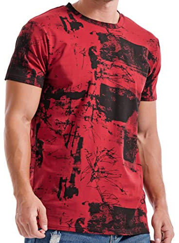 RONOMO Men's T-Shirt Short Sleeve Crew Neck Active Printed Tee - 95% Cotton 5% Spandex, Medium Stretch, Soft Breathable Casual Top (FK Wine Red L)