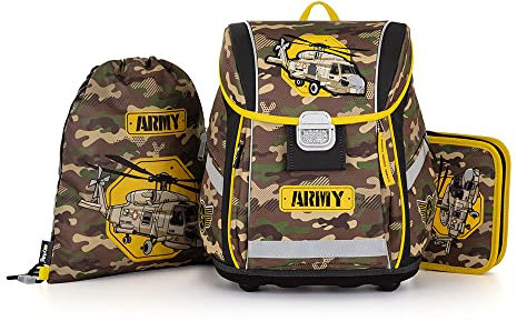 OXY BAG Schulranzen PREMIUM LIGHT 3er-Set, Blau | Ultraleichter Tagesrucksack mit Helikopter-Motiv | Federtasche & Hausschuhsack, 27L | Reflektierende Elemente, Atmungsaktiv, für Schulkinder