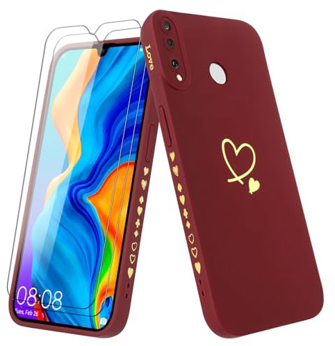 Vauki Coque pour Huawei P30 Lite/Nova 4e avec 2 Pièces Verre Trempé, Etui Fille avec Or Motif Coeur Souple TPU Silicone Antichoc Anti-Rayures Housse Compatible avec Huawei P30 Lite, Bordeaux
