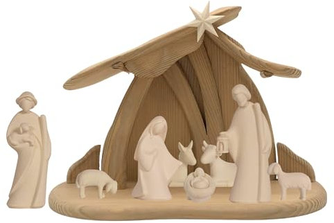 Akantus Leonardo Weihnachtskrippe aus Holz: 8er Set mit Stall HL.Nacht klein (8,5 cm, Natur)