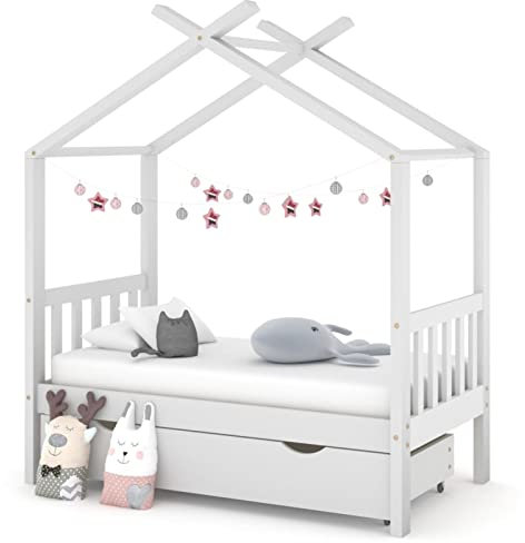 LAPOOH Babybett mit Schublade, Babybett, Hausbett, Baby Bett, Betten, Weiß Massivholz Kiefer 70x140 cm