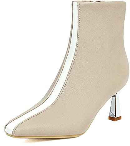 Makmeoyw Elegant Kn?chel Stiefel für Frauen Kitten Heel Pointed Toe Business Stiefeletten Beige Lack Zipper Hochzeit Stiefel Snakeskin Kurze Stiefel Size 38