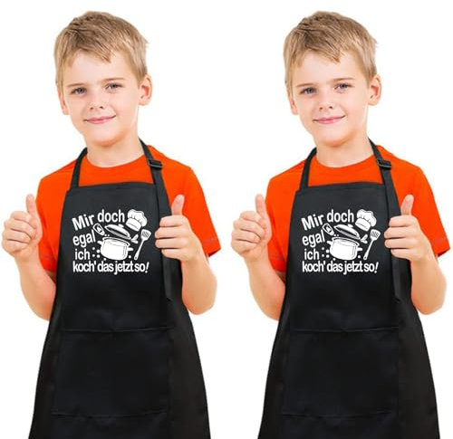 2 Stück Kochschürze Kinder, Kinderschürze Mädchen Jungen, Lustig Kochschürze Schürze mit 2 Taschen - Mir doch egal, ich koch' das jetzt so, Geschenk zum Malen Kochen Backen Küche