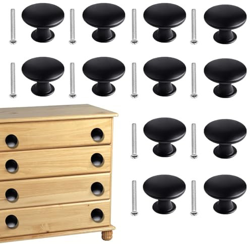 12Pcs 30mm Black Round Matted Vintage Drawer Knobs with 12 Screws for Cupboard & Wardrobe