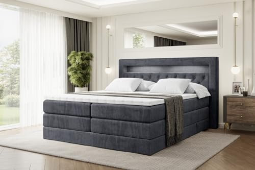 ALTDECOR Boxspringbett mit Matratze und Lattenrost, LED, Topper, Polsterbett mit Bettkasten, Bett mit Stauraum H3- und H4- Matratze, Doppelbett - Noel Gold King - 200x200 - Dunkelgrau Samt