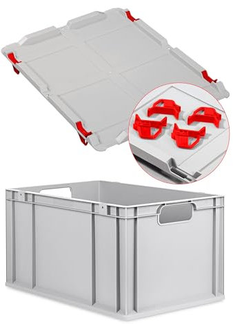 Eurobox NextGen Economy 60x40x32cm Griffe offen mit Auflagedeckel grau, Kunststoffbox 65 Liter, Logistikbox Lagerbox Campingbox stapelbar, Farbe Deckel-Verschlüsse wählbar (Verschluss Rot)