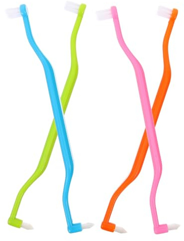 Doppelkopf Interdentalbürste mit Gebogenem Griff, 4 Stück | Kunststoff und Borsten, Kleine Bürstenköpfe, für Zähne und Zwischenräume, Reisen und Pflege