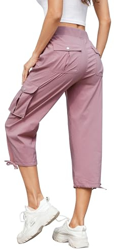 Hormtaer Women Cropped Trousers Cargo Summer Capri Joggers Ladies Pants 3/4 Length Sweatpants Outdoor Casual Hiking Trousers with 6 Pockets (Dark Pink, L)