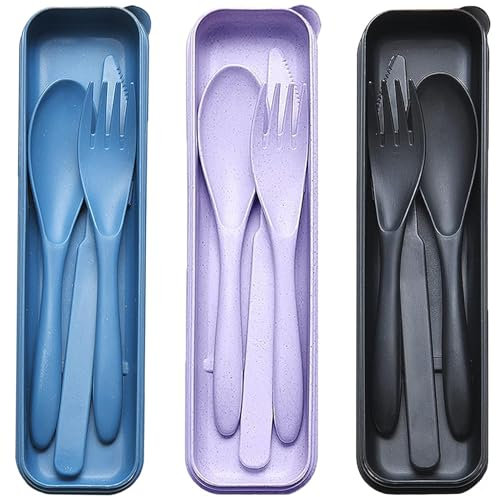 Travel Cutlery Set with Case, 3 Sets Portable Camping Cutlery Set Reusable Plastic Fork Spoon Knife Tableware for Lunch Box Picnic Work School or Daily Use