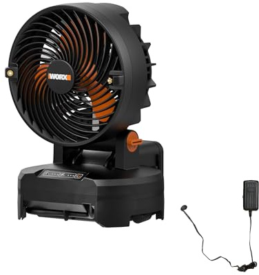 WORX Ventilatore nebulizzatore senza fili da 20 V con 3 velocità e 3 impostazioni di nebbia, ventola portatile con coperchio a secchio, distanza di nebulizzazione massima 15 m, ventola leggera e