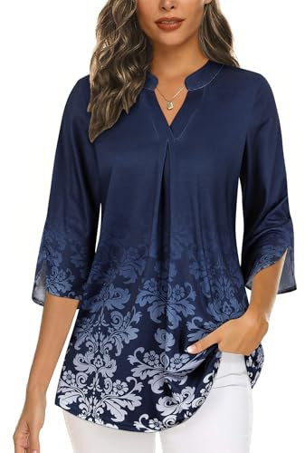 Flikity Ladies Blouses and Tops Dressy Womens Tunic Tops 3/4 Sleeve Work Attire Office Professional Business Casual Dress Shirts Career Formal Interview Dark Blue Floral Large