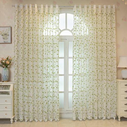 Homxi Vorhang Transparente Gardine 2er Set,2 x 107W x 214H cm,Voile Gardinen Transparent Grün Blattranken Muster Vorhang Schlafzimmer mit Ösen