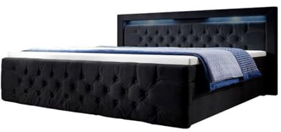 Luxusbetten24 Boxspringbett Gloria 180x200 Doppelbett Polsterbett Bett mit LED-Beleuchtung und Stauraum | Bezug: Samt | Farbe: Schwarz | Härtegrad: H4 (100kg+)