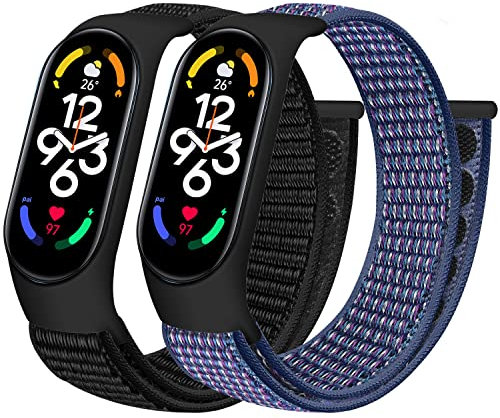 BTTNG Correa Compatible para Xiaomi Mi Band 7/Mi Band 6/Mi Band 5 4 3/Amazfit Band 5 Correa, 2 Pack Transpirable Nylon Sport Solo Loop Pulsera de repuesto para Mi Band 7/6/5/4/3 Mujeres Hombres