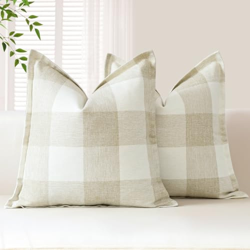 Sungeek 2er Set Buffalo Plaid Tartan Kissenbezüge, Dekorativ Zierkissenbezüge Weihnachten Kariert Kissenbezug Dekokissen Deko Bezug Kissenhülle für Sofa Schlafzimmer Wohnzimmer 45x45cm (Beige)