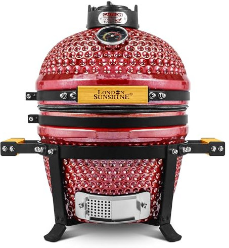 London Sunshine Ceramic BBQ Charcoal Kamado Grill 13 inch Portable Tabletop BBQ Grill with Stainless Steel Grates, pearlescent red