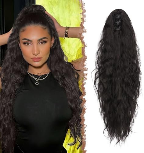 FESHFEN Pferdeschwanz mit Klammer, Lange Wellig Lockig Haarextension Synthetik Zopf Haarverlängerung Claw Clip in Haarteil Ponytail für Damen 65cm Natürliches Schwarz