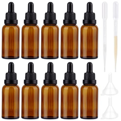 PH PandaHall 10Pack Flacon Compte Gouttes en Verre Flacon Compte Gouttes pour Huile Essentielle de 10 ml Flacon Compte Gouttes Marron avec 2 entonnoirs 2 pipettes pour Voyage Huile Parfum
