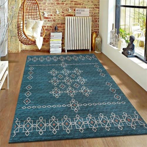 ROSURUG Decke Outdoor Büro Teppich 140X200cm Polsterteppich mit geometrischem Rautenmuster für Wohn- und Schlafzimmer Teppich Antirutsch Pads Rug Aesthetic blau