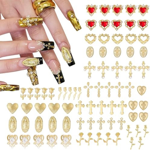Kinretixia 80 Stück Y2K Chrom Nagel-Charma Dekorationen, goldenes Nagel-Charm-Set mit goldenen Nagel-Edelsteinen, Perfekt Für DIY Und Persönlichkeit Ausdruck