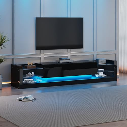 Merax Hochglanz TV Schrank, Einstellbare Helligkeit und 16-LED-Farben, Lowboard Sideboard TV-Kommode Fernsehschrank Fernsehtisch für 80-Zoll-TVs, mit Zwei klappbare Schubladen, Schwarz/181x38x38cm