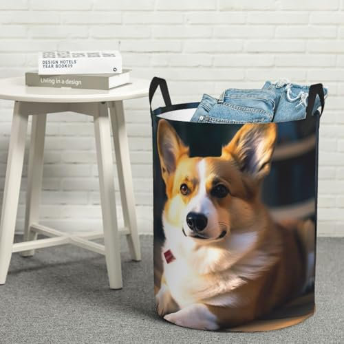 Wäschekorb mit Griffen, großer Wäschekorb, zusammenklappbar, intelligenter Corgi, runder Aufbewahrungskorb, moderner Aufbewahrungskorb für Spielzeug, Kissen, Decken, Kleidung