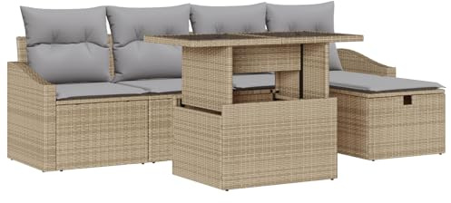 vidaXL 6-teiliges Gartensofa-Set mit Kissen in Beige aus Poly-Rattan für die Terrasse. Mit Stauraum – Bequeme und stylische Möbel für Deine Moderne Lounge.