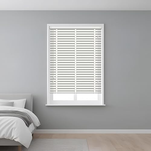 J.Din Custom Made to Measure Faux Wood Blind 50mm Horizontal Slats Window Venetian Blinds, Easy Fit & Child Safe (White Tape, 45cm Width x 150cm Drop)
