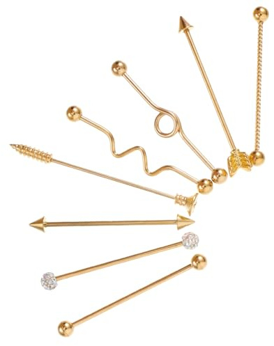 AKOOSY 8 pièces Boucles Oreilles Flèches Industrielles Acier Inoxydable Barbell Piercing Unisexe Design et Mode Plaquée Or Lot pour Femmes et Hommes