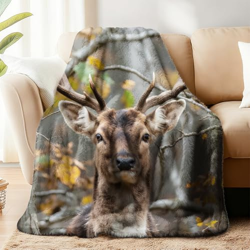 WADORN Camo Buck Deer Decke Kuschelige Weiche Überwurfdecke Mit Waldtieren Flauschiges Flanell Fleece Jagd Themendecken Plüsch Hirschliebhaber Geschenke Für Büro Sofastühle 150x130cm