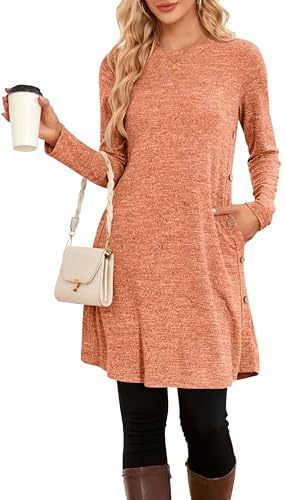 NARRAME Pullover-Kleider für Damen Winter Strickkleid Knöpfe mit Taschen | Rundhals,Herbst,Frühling,Festlich,Weihnachts,kausale,Business,Outfit,Einfarbig mit Druck Karomuster