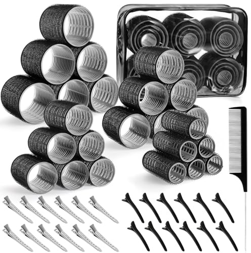 Lockenwickler-Set für langes, kurzes Haar und Pony, 4 Größen, mit Clips (25 mm, 36 mm, 48 mm, 60 mm) (schwarz), 50 Stück