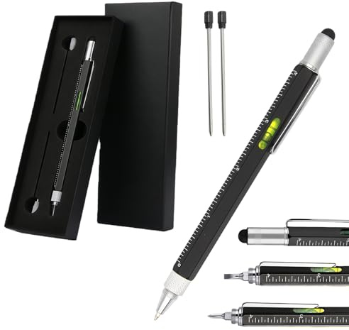 Yolkify Pens Gifts for Men, Black 6 in 1 Multi Tool Pen, Birthday Gifts for Men Who Have Everything, Multitool Pen Cool Gadgets Unique Gift, for Husband, Grandpa, Engineer, Handyman