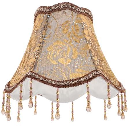 Vintage Lampenschirm im Europäischen Stil mit Perlenspitze und Quaste | Gewebe, Goldene Optik, 25cm Größe, 1 Stück Lampenschirm, für Nachttisch und Pendelleuchte