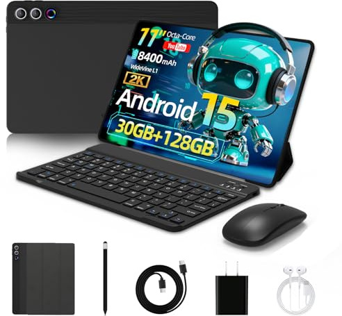 Laptok Tablette 11 Pouces, Android 15 Tablette avec 30GO RAM+128GO ROM+1 to TF, 8400 mAh, 2K, 8MP+13MP, Tablette Tactile avec étuis de Protection pour Souris, Clavier et Casque