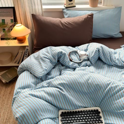 Freyamy Gestreifte Bettwäsche 220x240 Blau Braun Gestreift Bettwäsche Set | Aesthetic Wendebettwäsche Streifen, 3teilig, Microfaser ÖKO-TEX Bettbezug mit Reißverschluss und 2 Kissenbezug 80x80cm