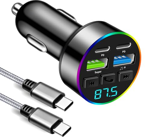 66W 4-Port USB C Car Charger with Type-C Cable 12V Fast Charging Charger | Car Fm Bluetooth 5.0 Car Music Adapter for Phone 17 16 15 Pro Max Galaxy S26 S25 Pixel Multi Port Cigarette Lighter Socket